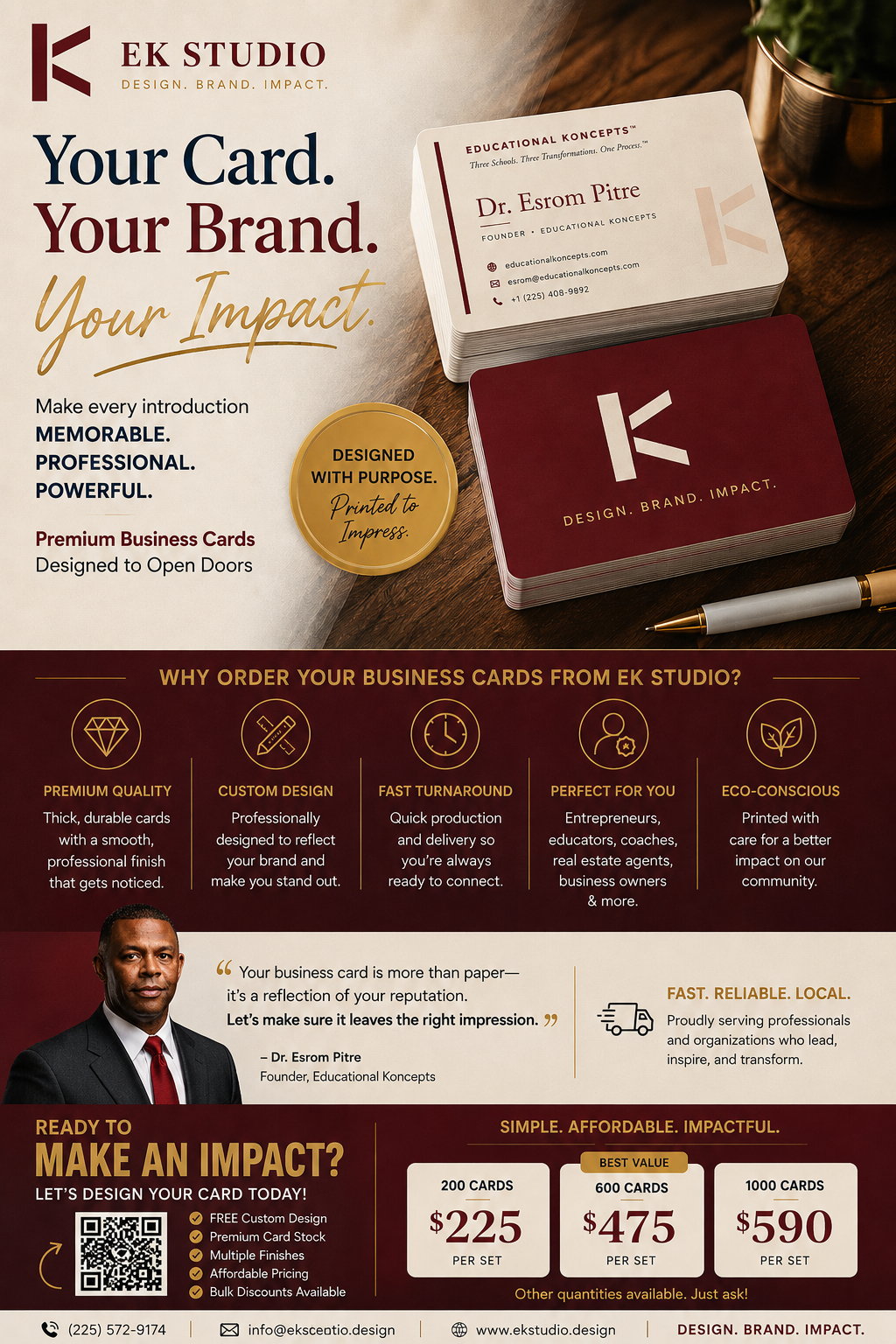 EK Studio business card promotional design showing premium printed brand collateral.