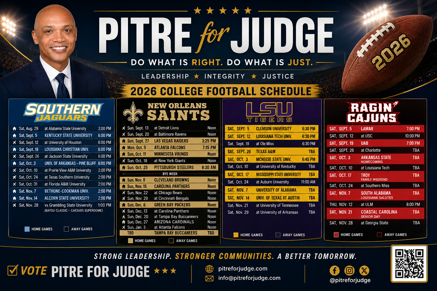 Pitre for Judge campaign football schedule flyer featuring local team schedules and campaign branding.
