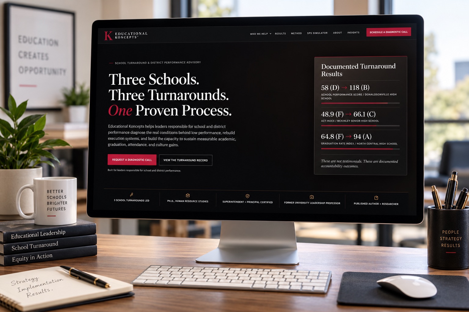The Educational Koncepts website — a school turnaround and district performance advisory platform — displayed on a desktop monitor in a studio workspace.