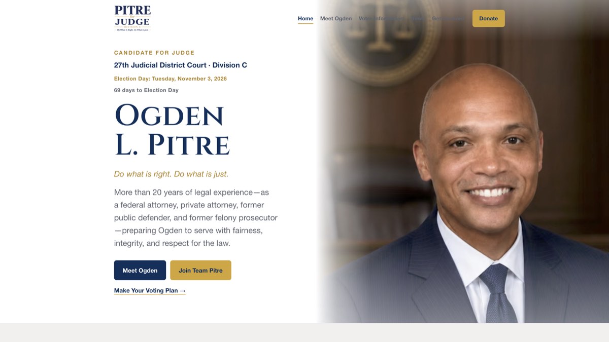 Pitre for Judge campaign website designed by EK Studio, featuring candidate Ogden L. Pitre.