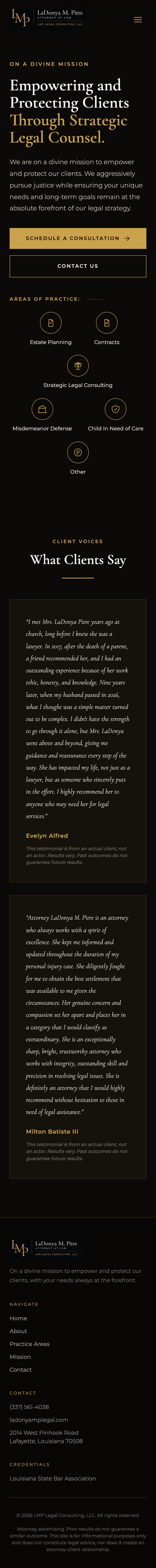 LMP Legal Consulting website shown as a full mobile layout.
